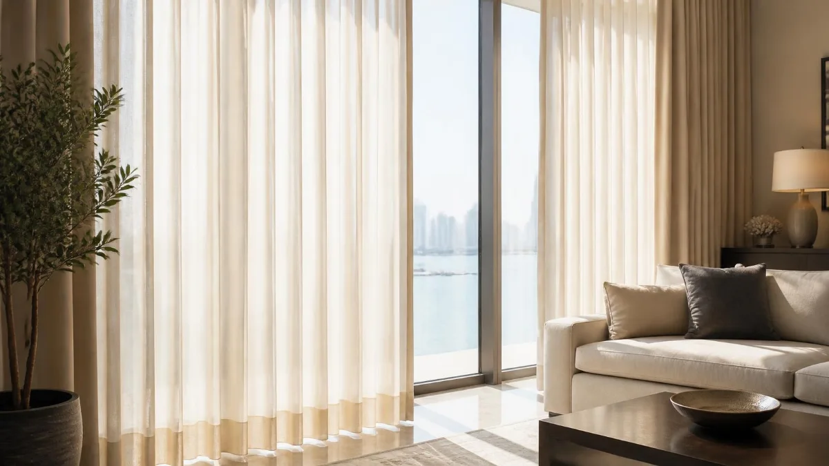 Freshly cleaned linen curtains in a bright Abu Dhabi apartment