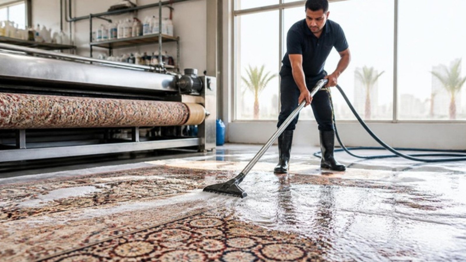 Laundry technician deep cleaning a carpet in Abu Dhabi