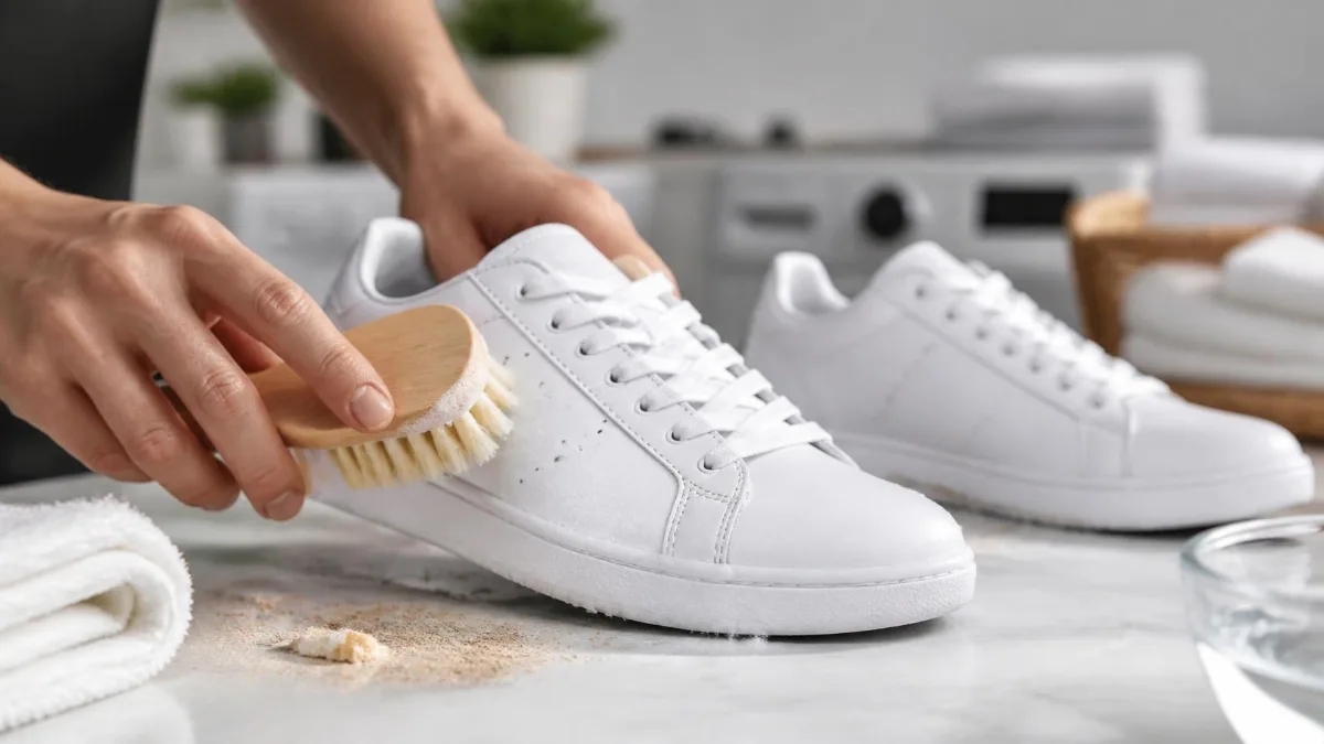 White sneakers being hand-cleaned with a soft brush and foam